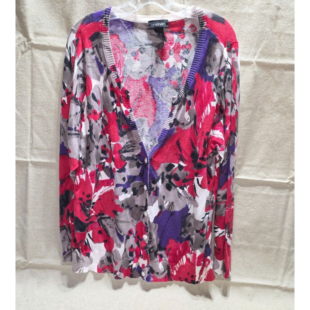 Lane Bryant Abstract Watercolor Floral V-Neck Cardigan Sweater 22/24 2X